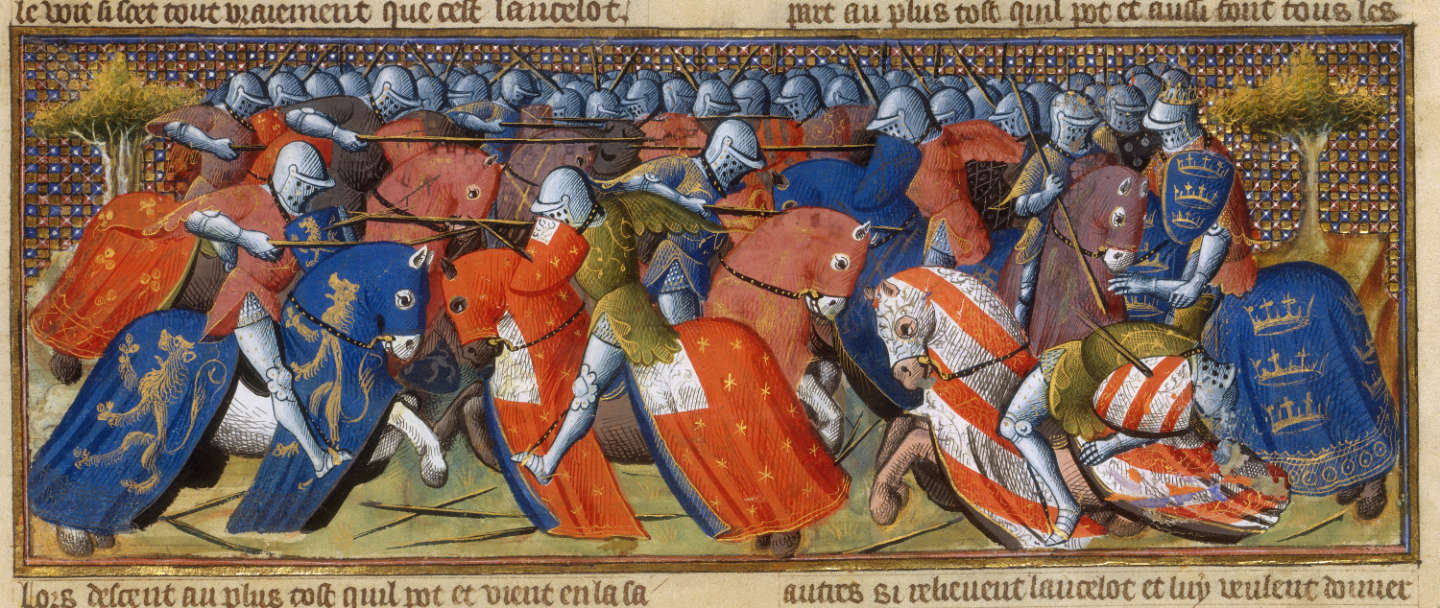 (2) Livre de Lancelot du Lac. Tournoi de Camelot. Roman du XIIIe siècle, manuscrit copié à Paris au début du 15e siècle. BnF, Manuscrits, Français 119 fol. 474.