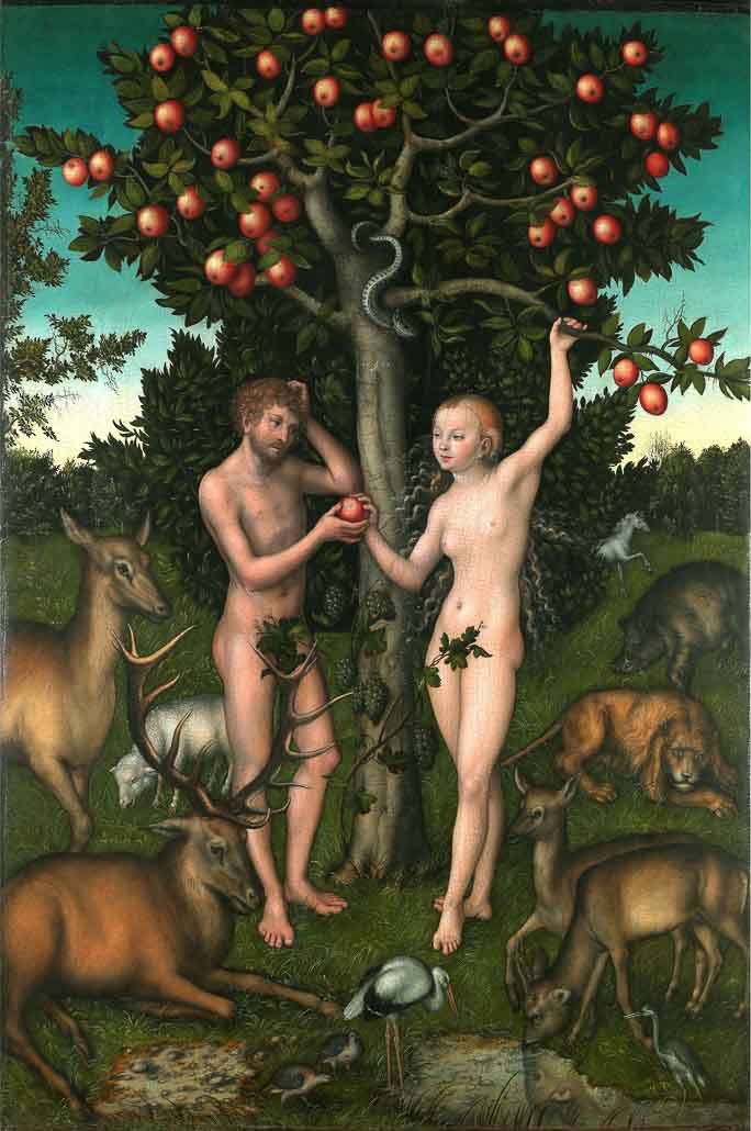 Lucas Cranach l’Ancien, « Adam et Ève », peinture à l’huile sur panneaux, 1528. Musée des Offices à Florence.
