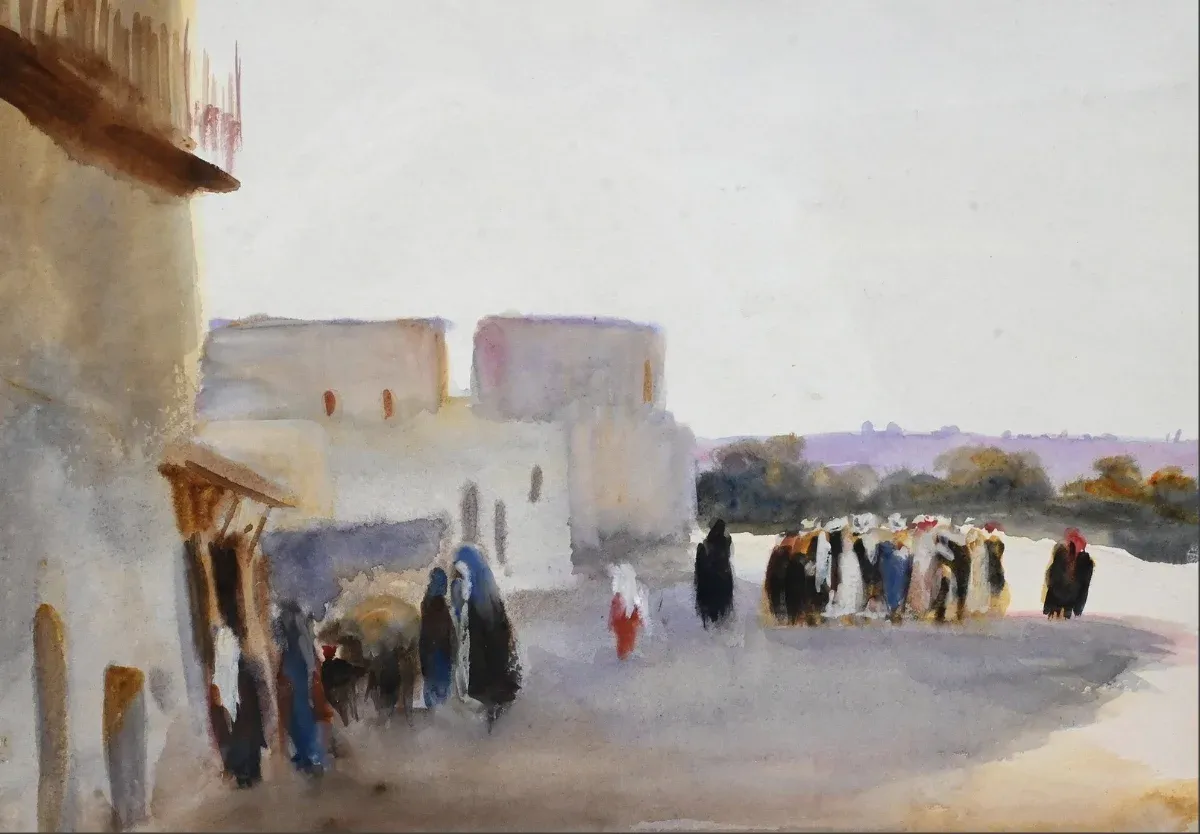 Emily Sargent. Moroccan North African scene with figures Watercolor on paper
