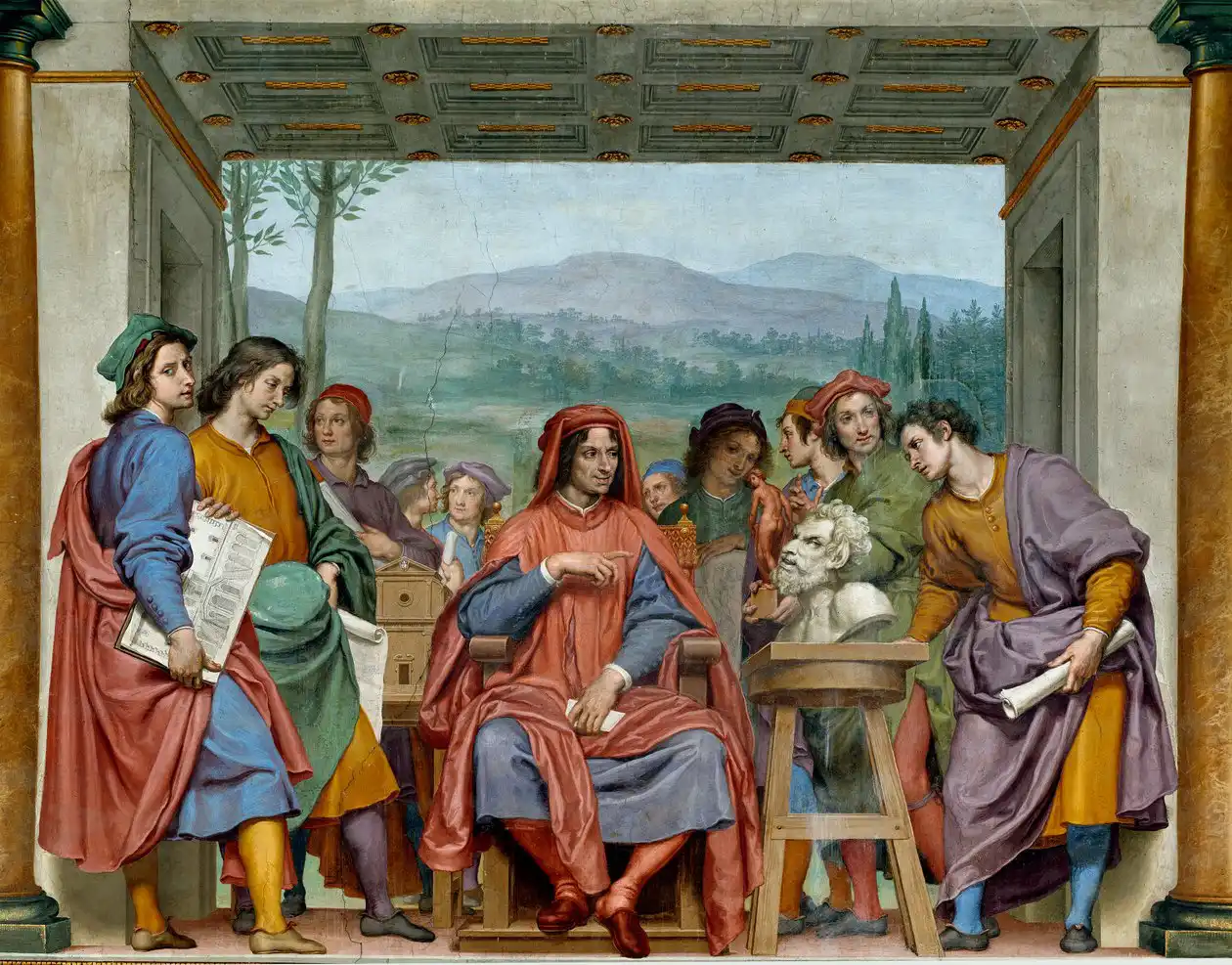 Laurent de Médicis assis au milieu des artistes florentins. Fresque d'Ottavio Vannini (1585-1643). Vers 1635. 